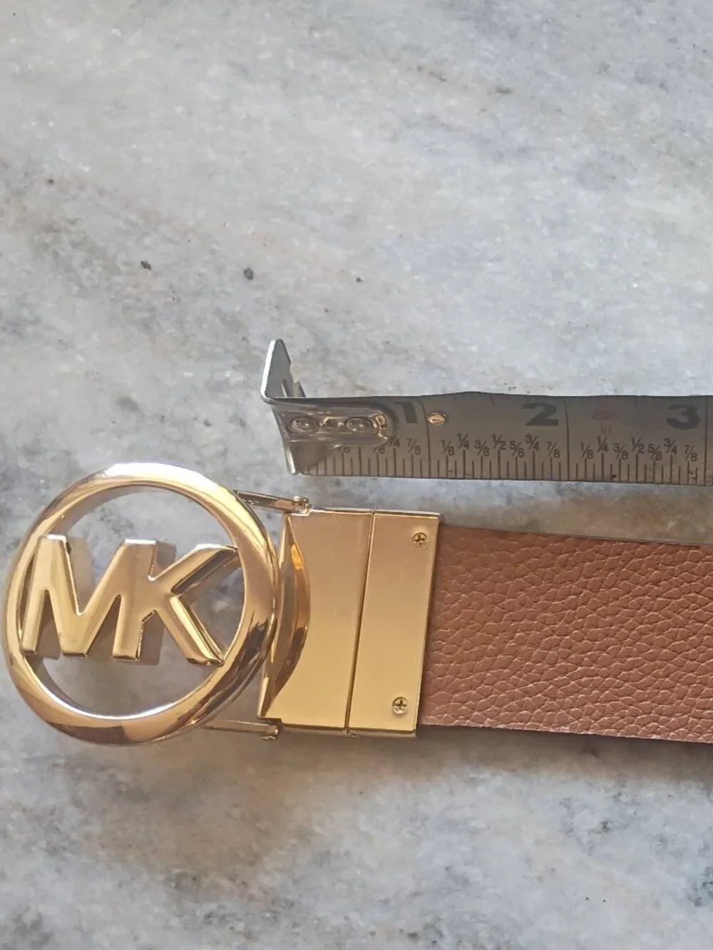 Michael Kors Reversible MK Logo Belt Brown Monogram/Tan Gold Buckle Size 35'